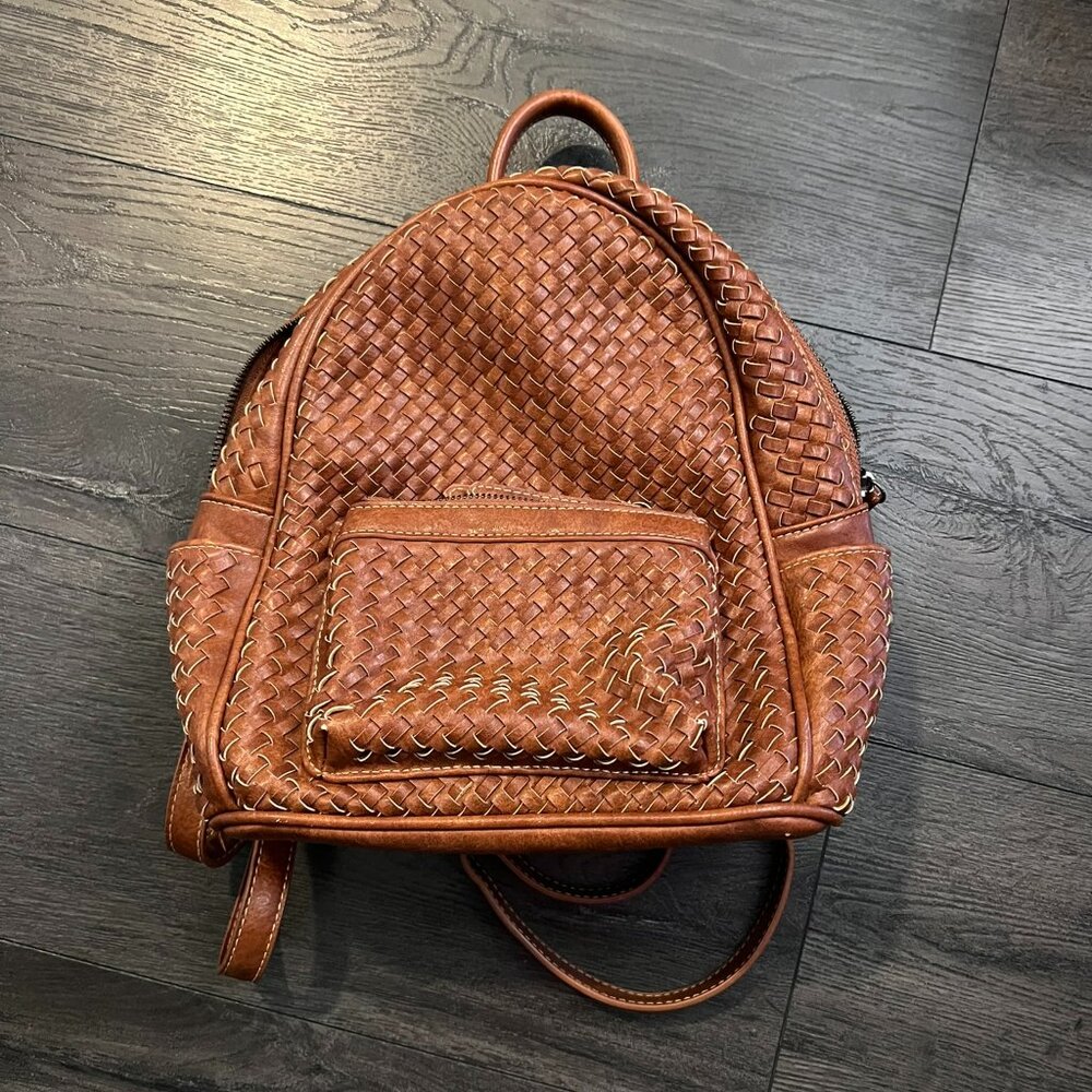 SHOMICO Certainly Chic Faux Leather Woven Backpack Chestnut